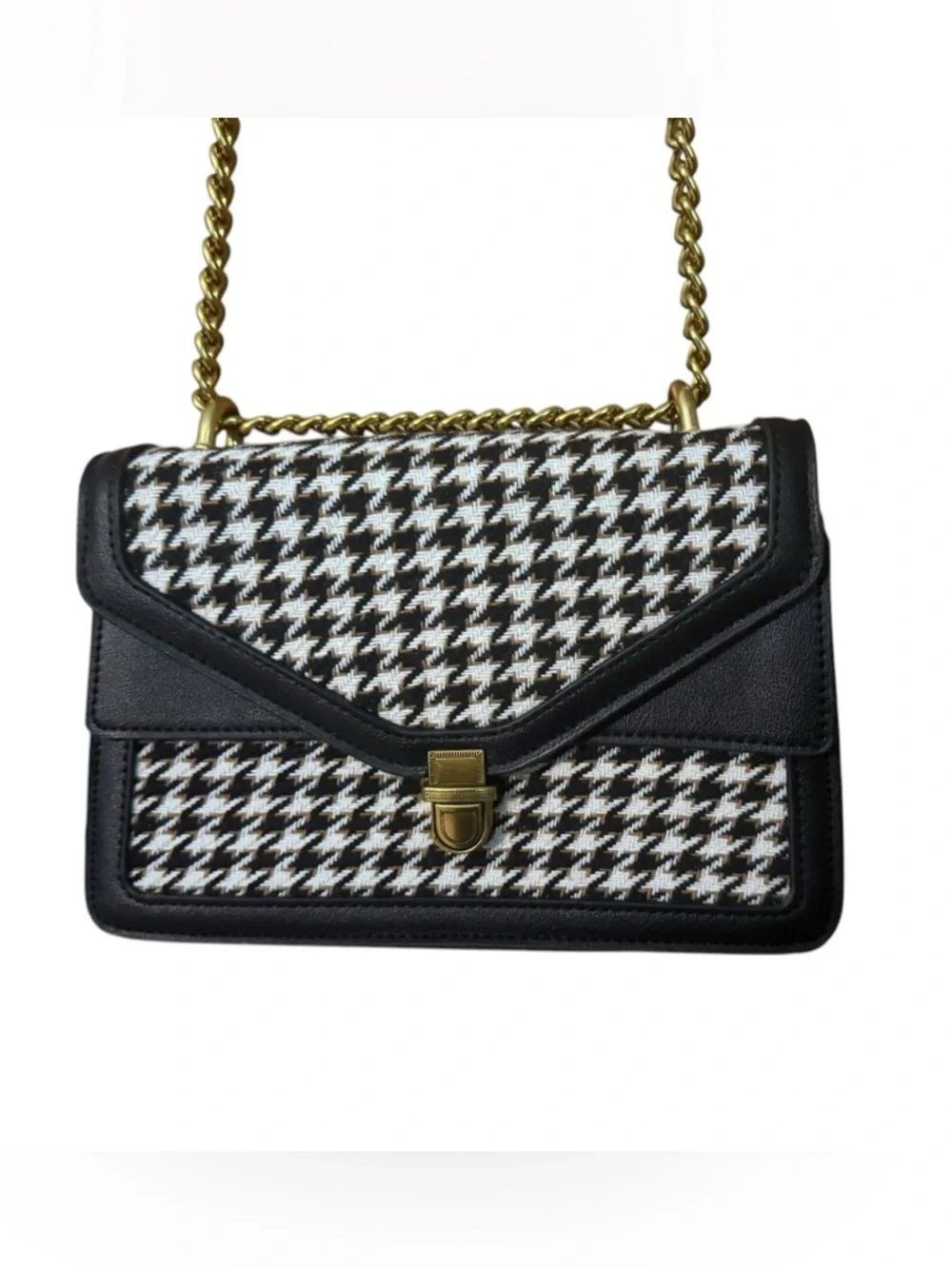 Classic Houndstooth Crossbody Shoulder Bag Adjustable Gold Chain Old Money